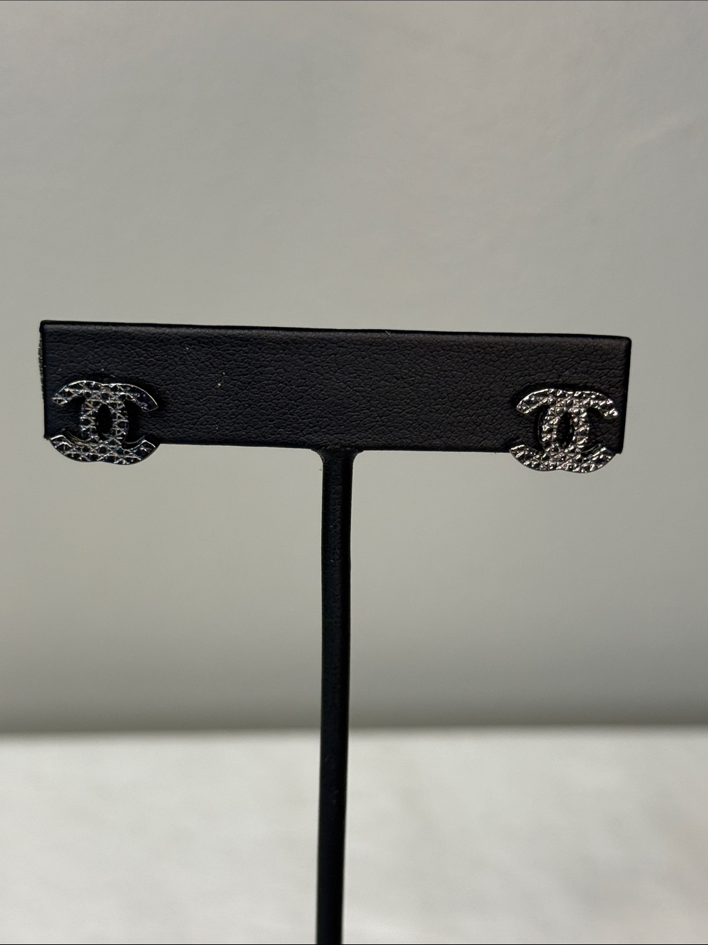 Chanel Cc Logo Stud Earrings Black Ruthenium Textured Costume Jewelry